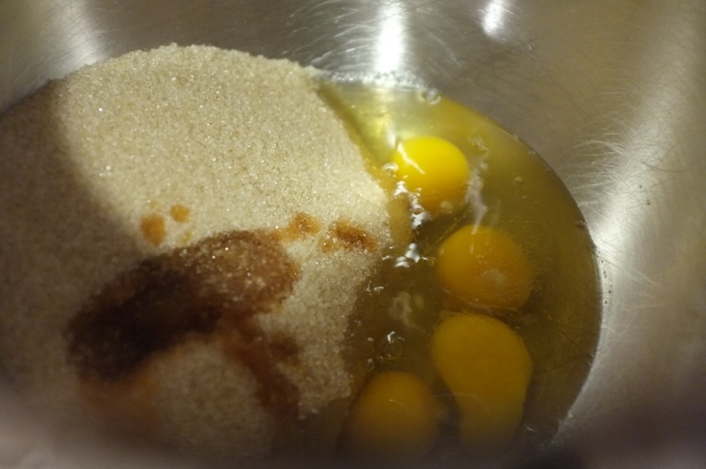 Oil, sugar, and eggs, this time I used organic sugar (had to try it at least once!)